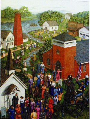 Liberty African American Legacy Mural featuring people, churches, businesses, and homes.
